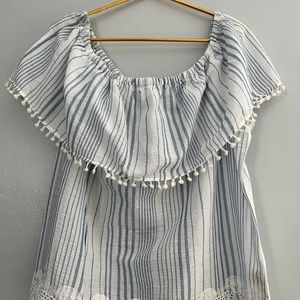 DIZZY GAL PLUS SIZE OFF THE SHOULDERS STRIPED BLOUSE  WITH TASSELS & LACE DECOR